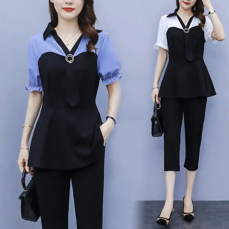 Elegante Mode Patch ework Hose Sets Sommer V-Ausschnitt kurze Flare Ärmel Top elastische Taille waden lange Hose schlanke Damen Sets