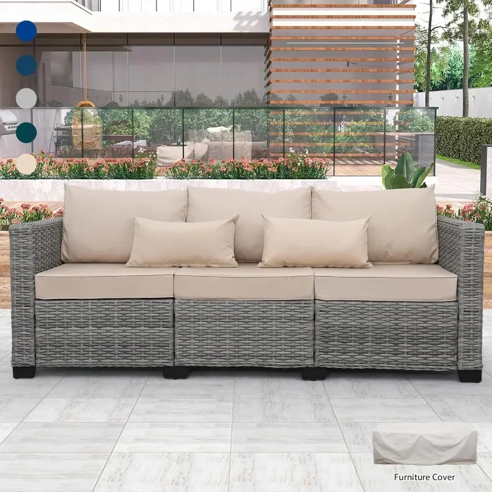 Patio Furniture 3-seat Sofa Grey Wicker Outdoor Furniture Outdoor Couch Deep Seat Hight Backrest with Waterproof Cover