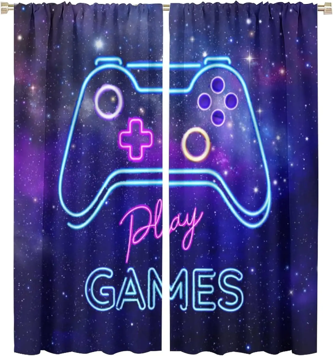 Neon Line Game Controller Starry Galaxy Blackout Curtain 2 Panels Play Games Text Print Window Drape Cool Boys Gaming Space