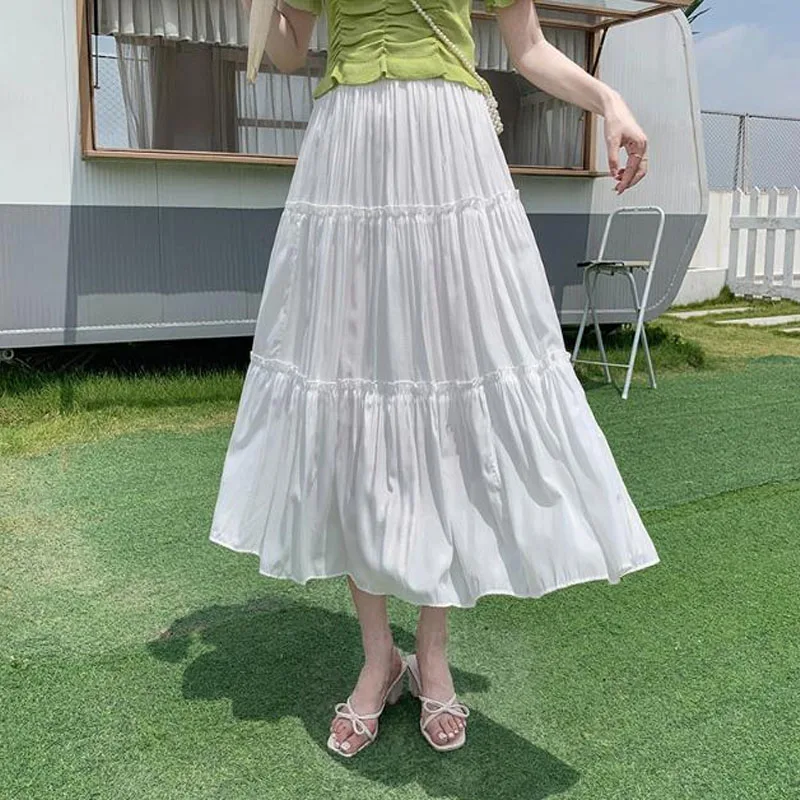 Fashion All-match Solid Color Patchwork A-Line Female Skirt Summer Casual Simplicity Elastic High Waist Skirt Women's Clothing