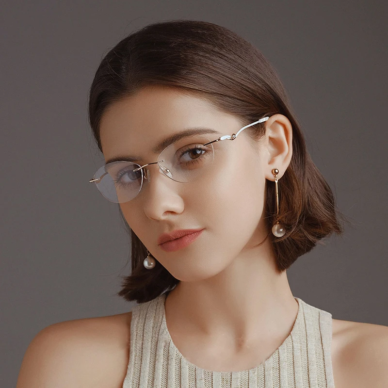 

Women's Diamond Eyewear Titanium Rimless Glasses High-Quality Optical Frame Myopia Reading Progressive Gold Pink Eyeglasses