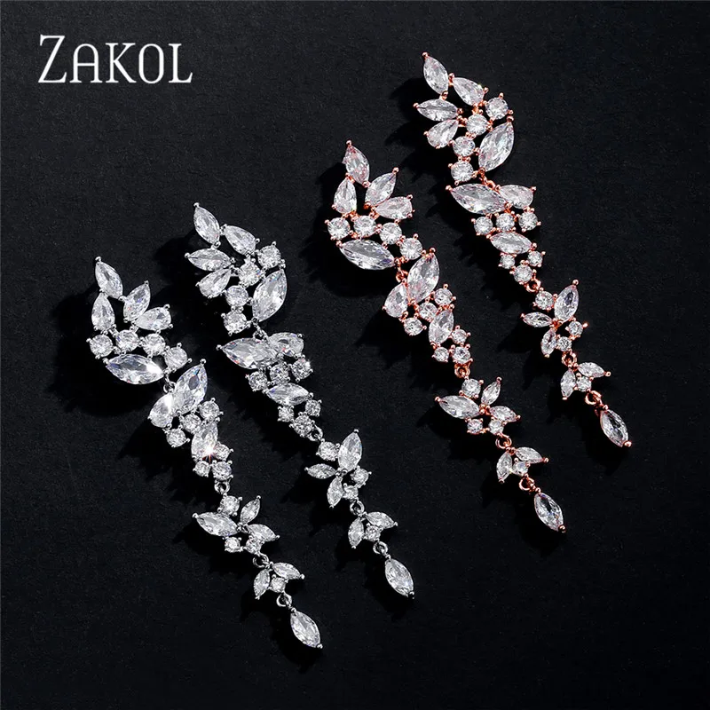 ZAKOL Exquisite White Gold Color Leaf Long Dangle Earrings for Women Fashion Cubic Zironia Bridal Earring Wedding Jewelry