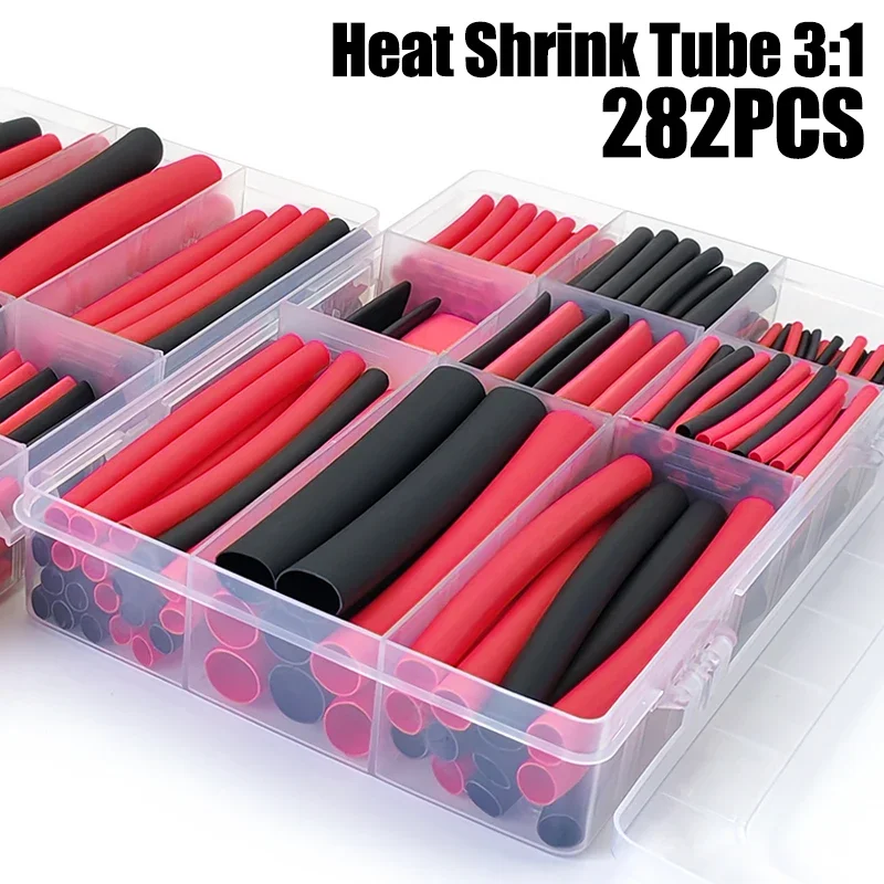 282Pcs Multi Size Black Red Heat Shrink Tube Polyolefin Waterproof Flame Retardant Wire Sleeve Electrical Connection Protector