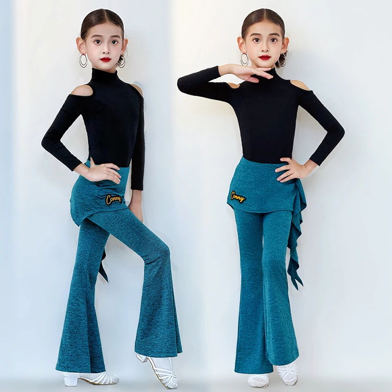 

Детская одежда для латинских танцев, комплект штанов для латинских танцев для девочек, черный танцевальный купальник с высоким воротником, тренировочный костюм для танцев ча-ча-румбы AMY2972