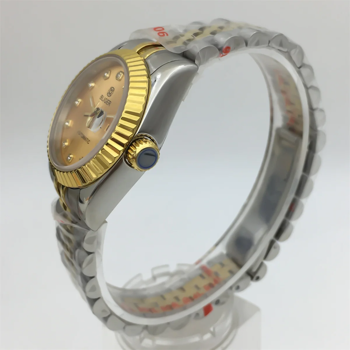BLIGER 31mm Women's automatic waterproof watch NH05 Two-tone Gold bracelet recessed bezel Sapphire glass Gold white shell dial