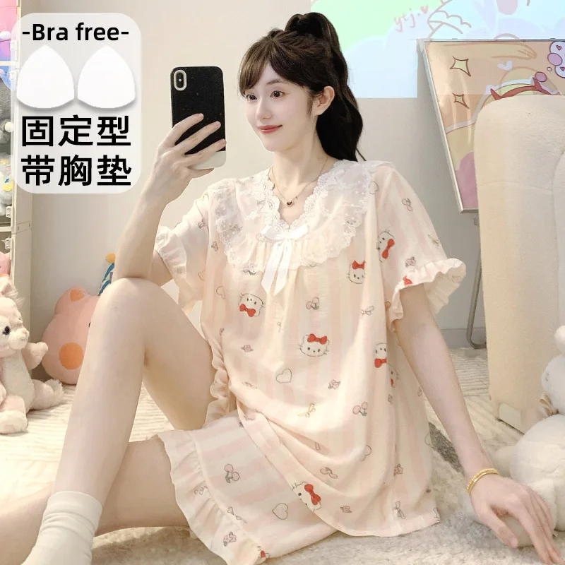 

Hello Kitty Summer Women's Pajama Set Anime Sanrio with Padded Cups T-Shirt Shorts Princess Style Cute Girl Plus Size Homewear