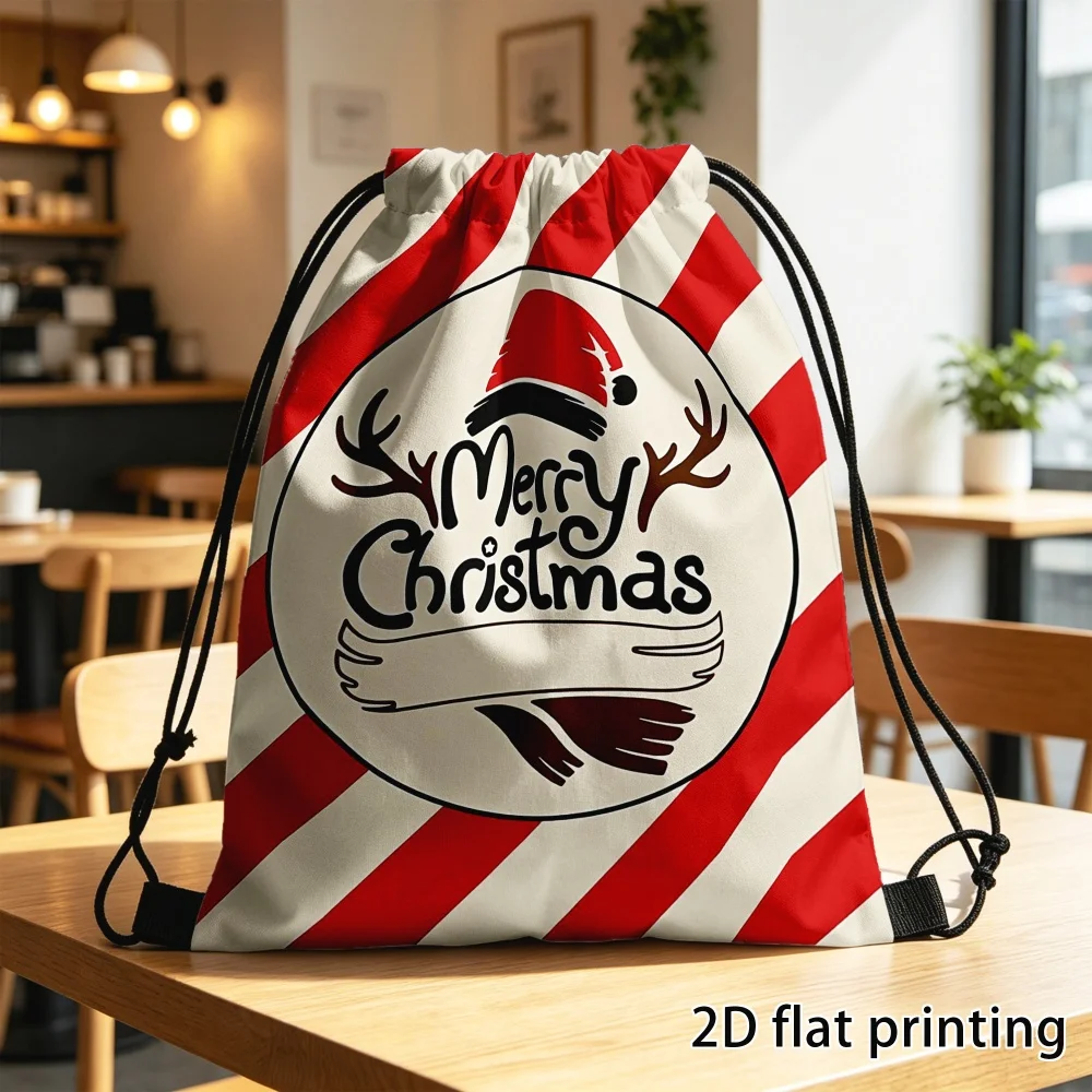 1Pc Custom Name/Text Christmas Drawstring Backpack, Xmas Element Print Design Drawstring Closure Storage Bags, Party Candy Bag