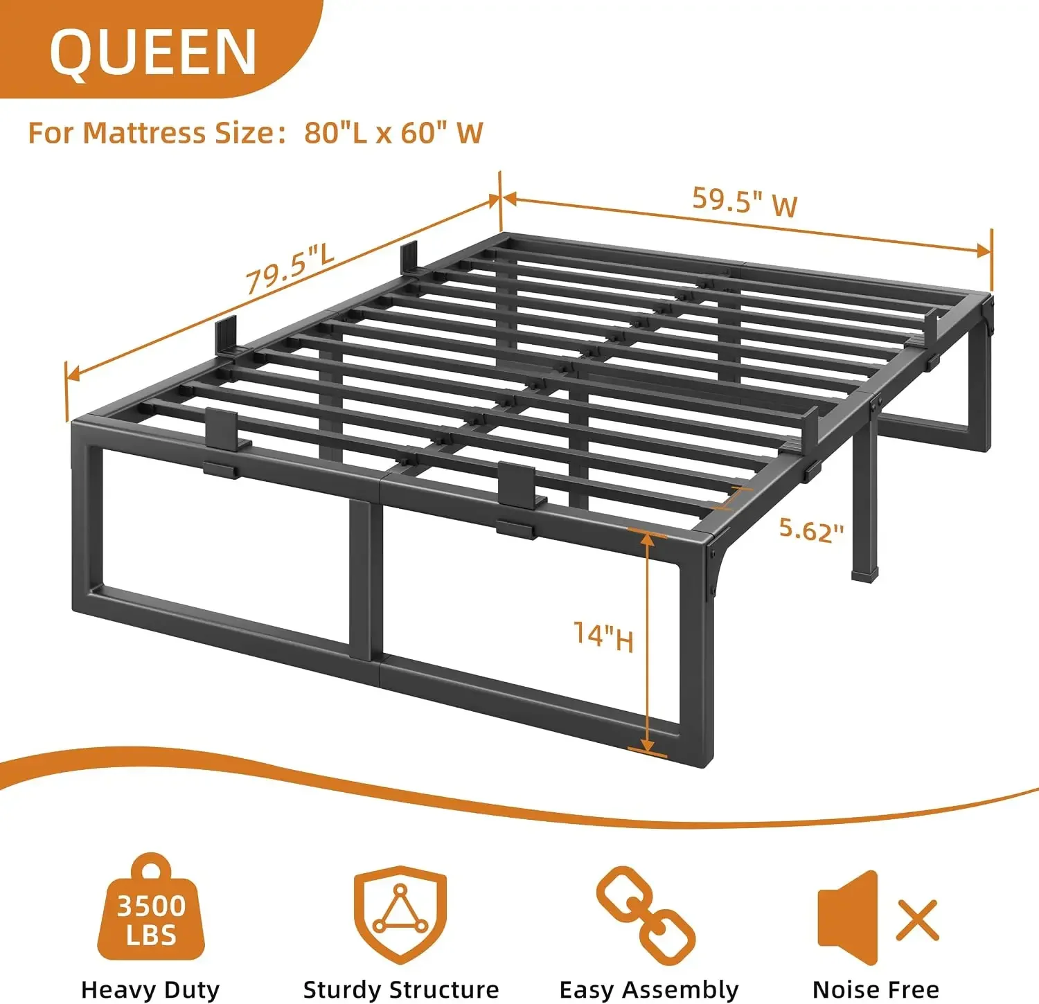 Queen Bed Frame, 14 Inch Metal Platform Bed Frames with Squeak Free U-Slot Design, 6 Non-Slip Guards, 3500lbs Heavy Duty Steel