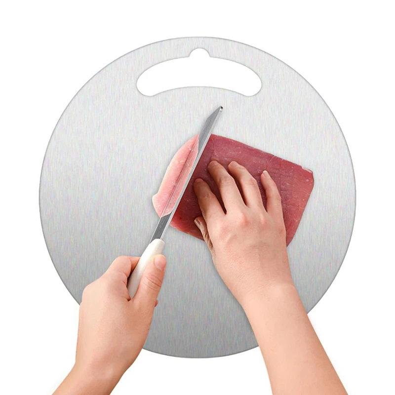 Steel Chopping Board For Kitchen Stainless Dough Rolling Board Double-Sided Round Steak Thawing Metal Board+Handle