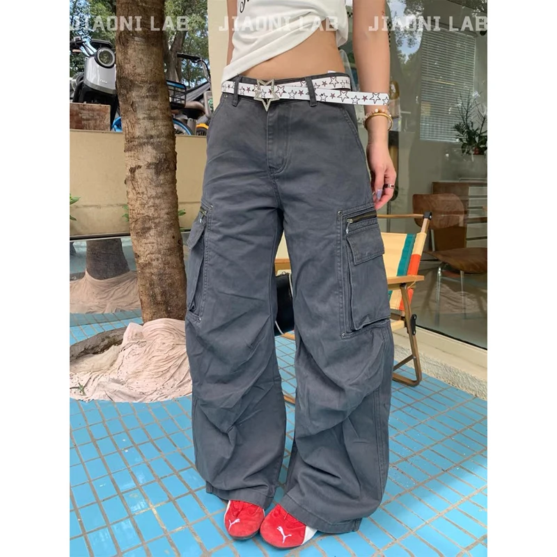 

ZHIZOU женские серые мешковатые джинсы-карго бойфренд Y2k японская уличная одежда джинсовые брюки в стиле панк широкий крой в стиле гранж Harajuku ковбой 2000-х годов