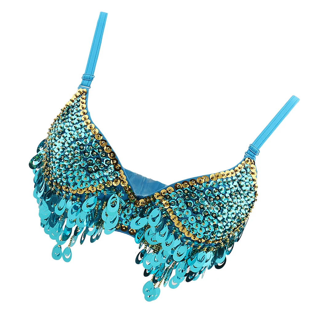 Stylish Belly Dance Bra With Adjustable Neck Strap Sparkling Sequin Tassels Hand Wash Only