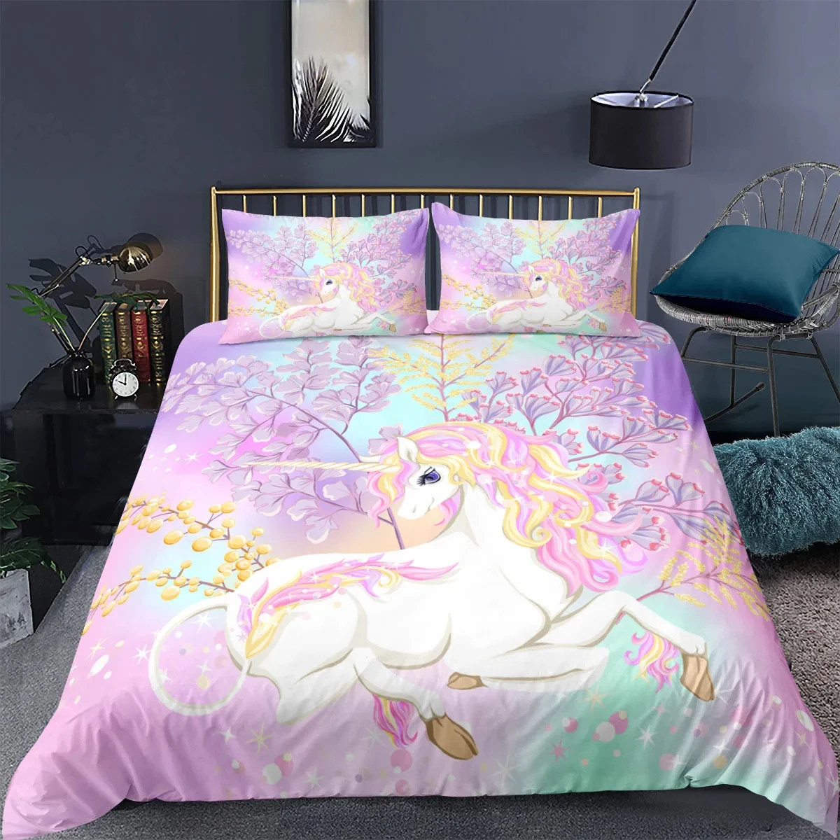 Unicorn Bedding Set King Queen White Pink Unicorn Duvet Cover for Girls Boys Dreamy Cartoon Sparkle Lilac Polyester Quilt Cover