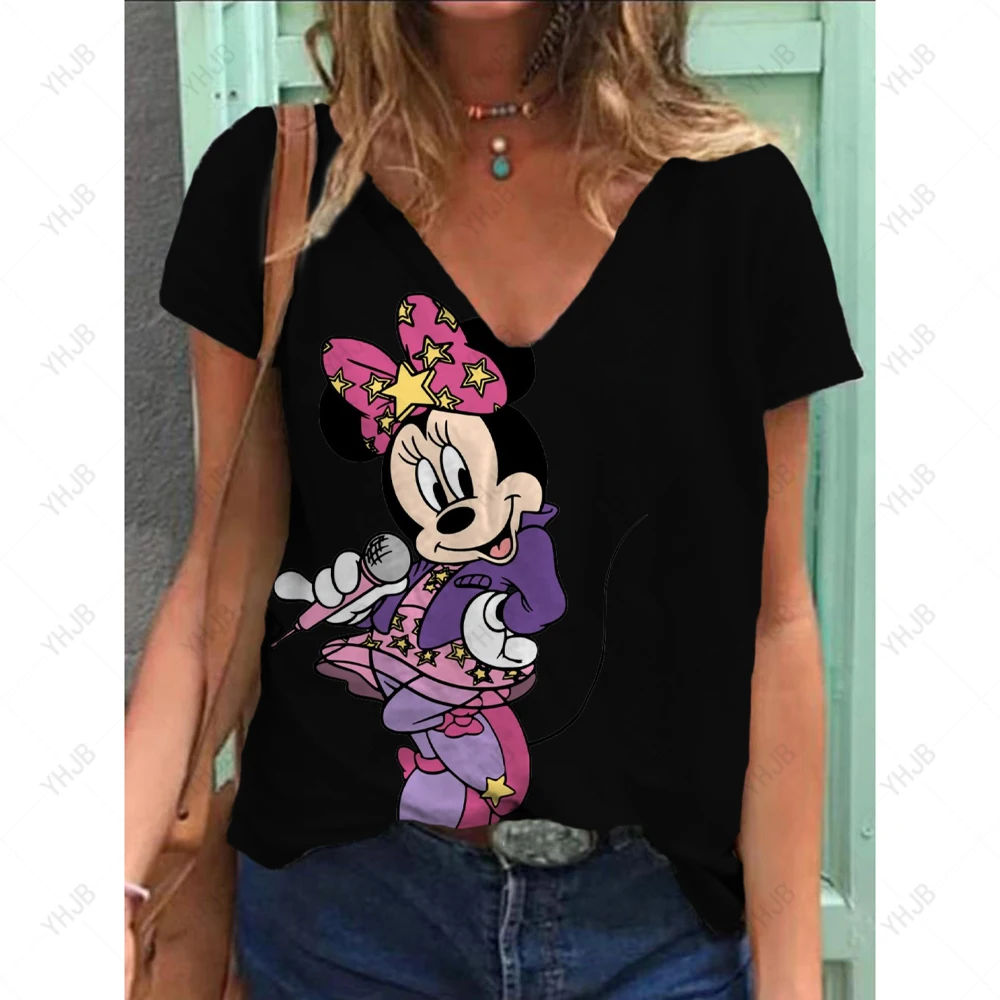 Disney donna 3D Topolino Tee moda scollo a V estate manica corta allentata streetwear abiti femminili maglietta casual da donna ﻿