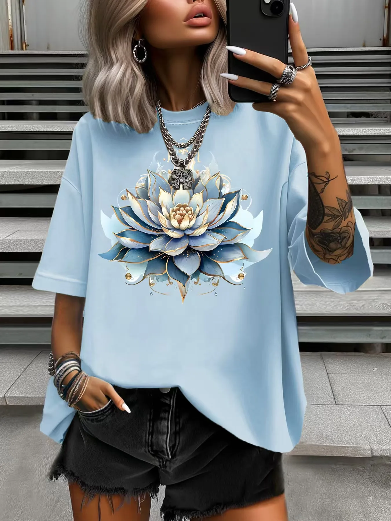 

Summer Women's Plus Size T-Shirt Original Design Fashion Lotus Flower Printed Women's Casual Soft Round Neck Short Sleeved Tops