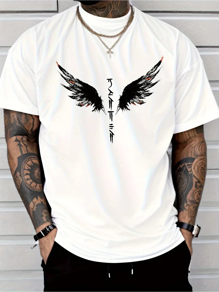Men Summer Cotton Short Sleeve T Shirt White Gradient Feather Wing Runic Vertical Text Print Crew Neck Goth Street Male Tee