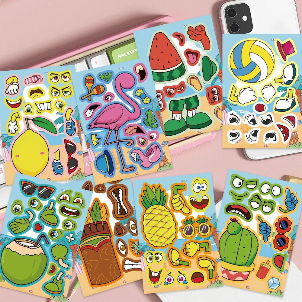 8Sheets Children DIY Puzzle Sticker Cool Summer Beach Element Make A Face Stickers  Assemble Jigsaw Stickers Educational Toys
