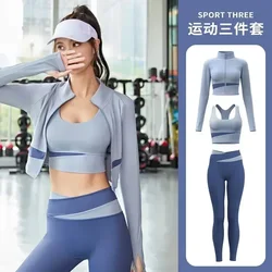 Conjunto de 3 piezas de retazos de Yoga para mujer, abrigos para gimnasio, sujetador y mallas, ropa deportiva para correr, conjunto de chándal para mujer