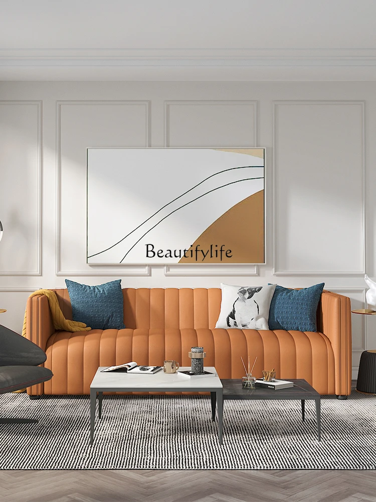 

Orange leather sofa minimalist latex Italian living room three people simple