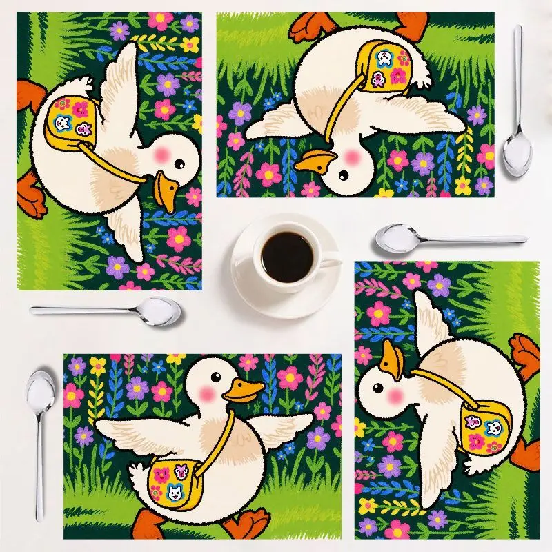 

4-piece placemat set, cute duck design, vibrant colors, rectangular home decor, easy to clean, perfect for holidays!