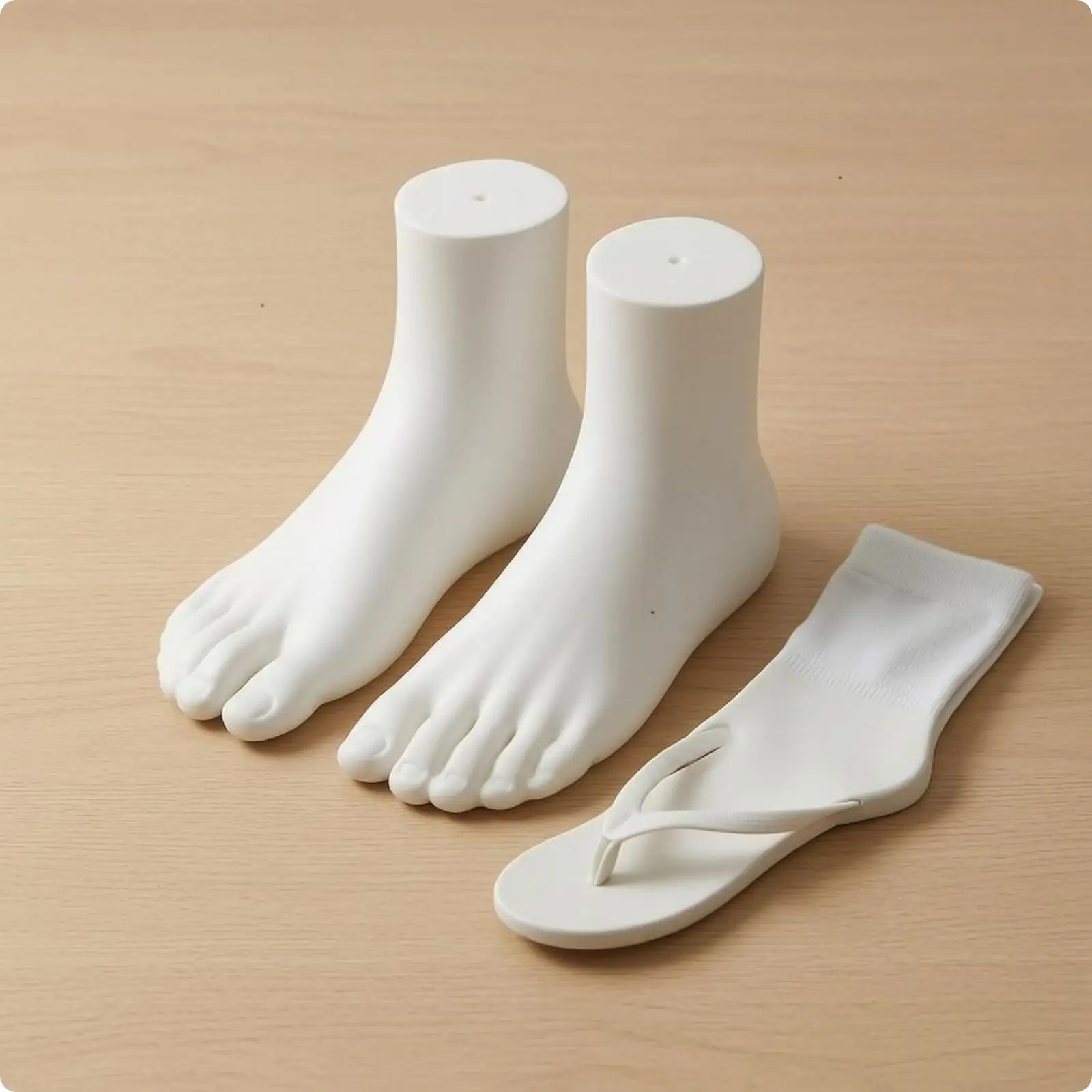pvc製の靴展示用マネキン。女性用。左右の足の指が分離したモデルで、サンダルの展示、カウンター、棚、スタンドなどに最適。