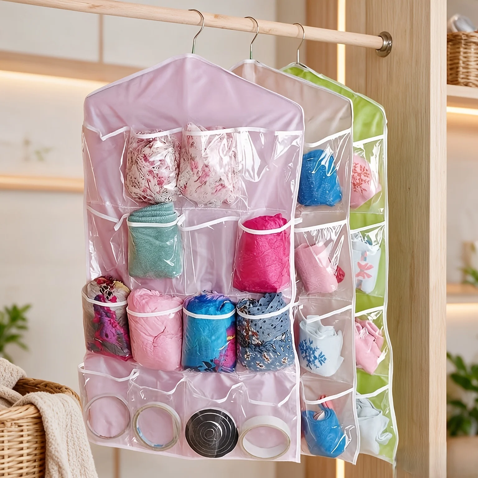 16-Grid Beige Mesh Hanging Storage Bag, transparent & dust-proof, for socks, bras and innerwear.