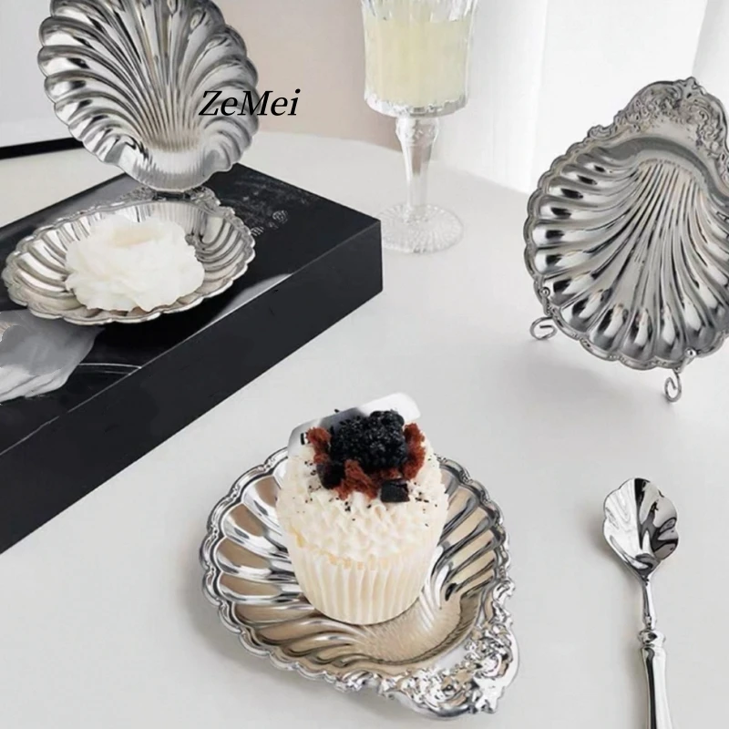 European Style Shell Shape Water Ripples Fruit Plate,Silver Stainless Steel Plate Home Food Tray,Snack Disc Table Decoration view 6
