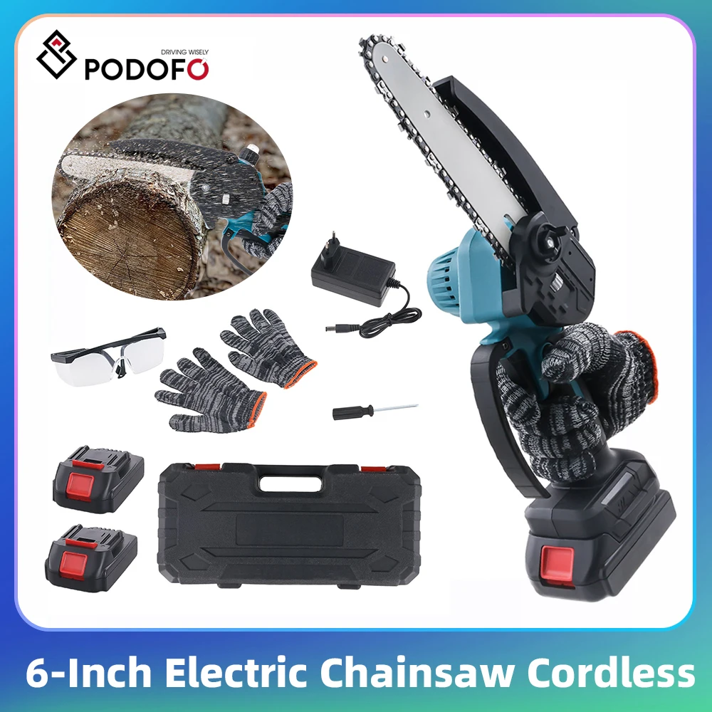 Scie à chaîne électrique sans fil Podofo 6 pouces, scie à chaîne portative à batterie pour le travail du bois, la coupe d'arbres, avec 2 batteries