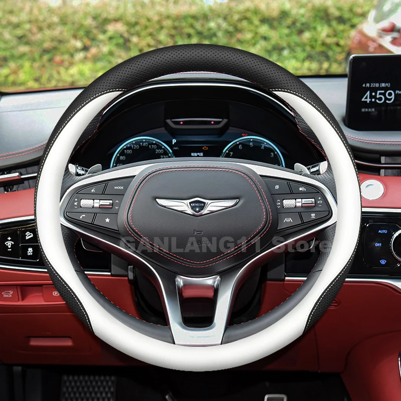 

Leather Car Steering Wheel Cover For Genesis GV70 G80 G90 2021-2026 Covers For Covers Auto interior Genesis G80 2025 Accessories
