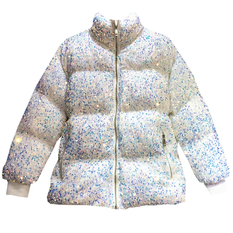 Winter Colorful Sequins Thickening Warm Down Coat Bomber Cotton-padded Beaded Puffer Jacket Zipper Parka Stand Collar Cardigan