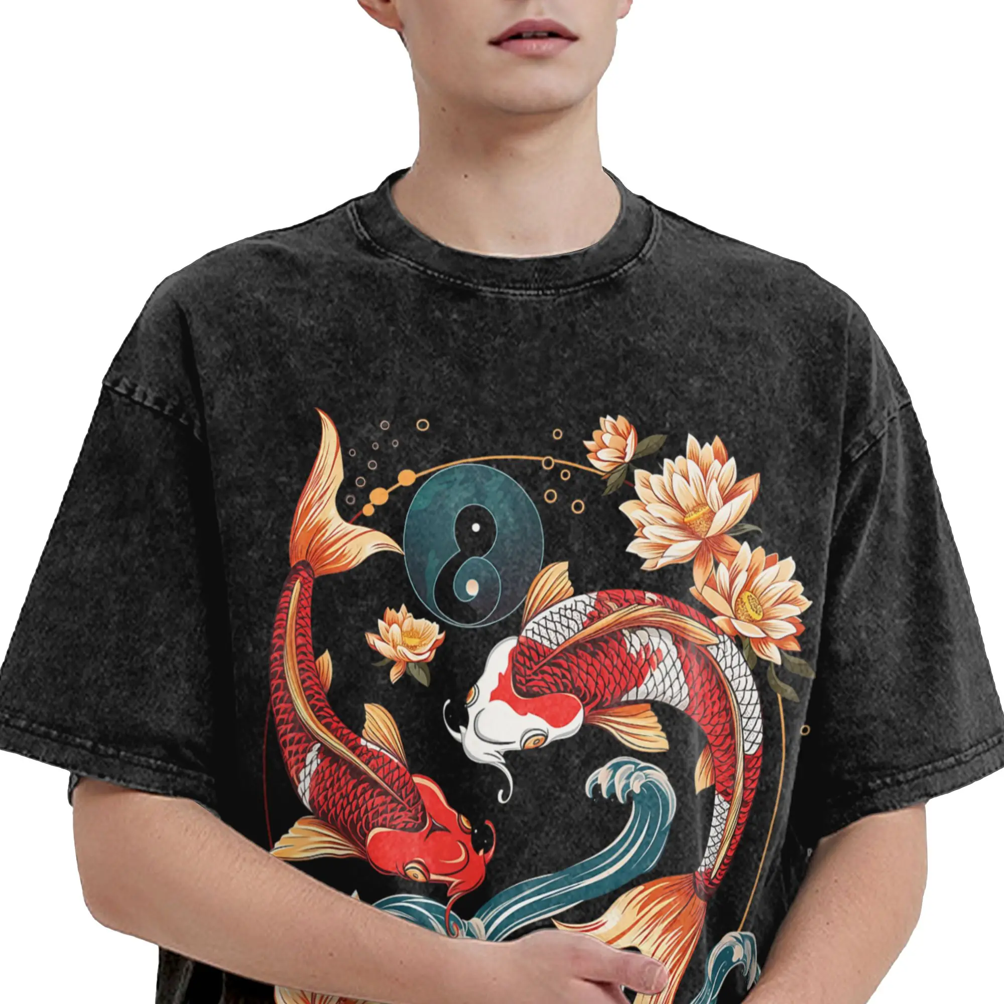Japanese Koi Fish Lotus Flowers T Shirt Washed Cotton Harajuku T-Shirt  Vintage Men Women Streetwear Summer Tee Shirt