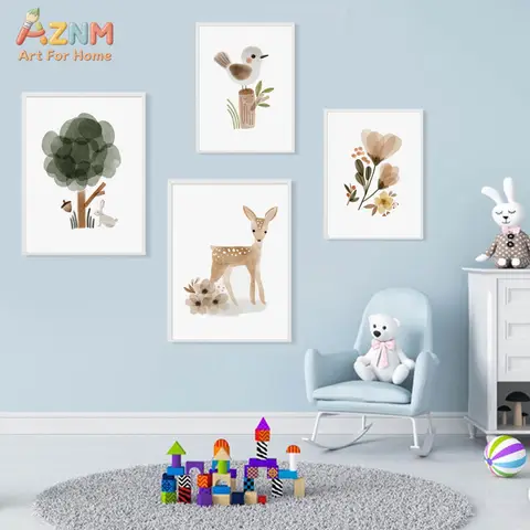 AZNM Watercolor Deer Bird Forest Animal Canvas Wall Art Boho Floral Nursery Print Poster For Kids Baby Bedroom Home Decor