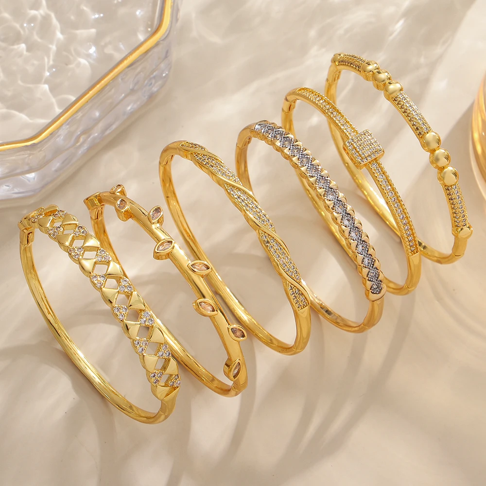 

Freetry Gold Plated Bracelet Exquisite Zircon Round Charm Bangle for Women Layered Irregular Geometric Spring Opening Bangles