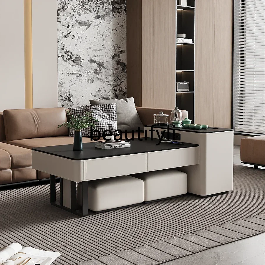 A Italian rock slab coffee table fully automatic embedded living room home multi-functional kung fu solid wood tea table