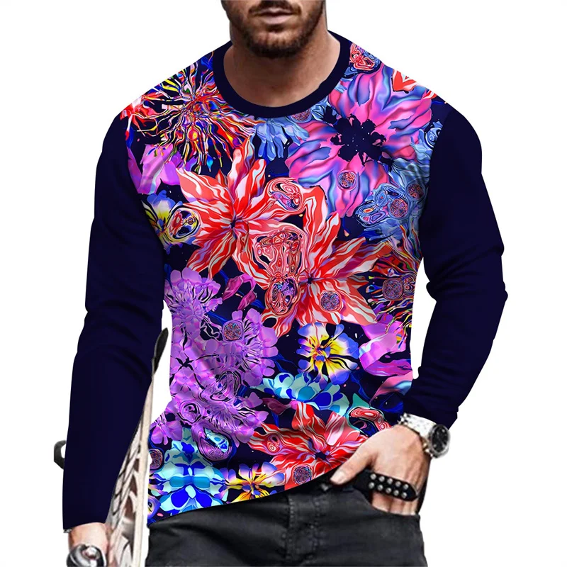 3D Printed Flower Leaf T Shirt For Men Colorful Plants Pattern Tees Spring Autumn Casual O-Neck Tops Loose T-Shirts Long Sleeves