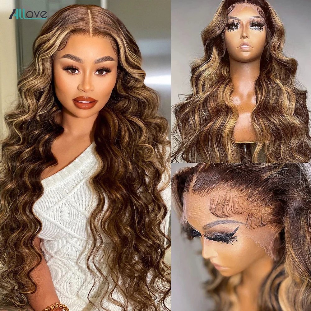 Allove 13x4 13x6 Loose Deep Wave Highlight Wig Human Hair Transparent Lace Front Wigs For Women Brazilian Honey Blonde Wigs