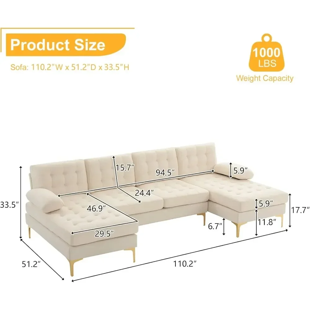 U Shaped Modern Button Tufted Sectional Sofa with Double Chaise, 110.0in(W)x55.0in(D)x33.0in(H),Living room sofa set