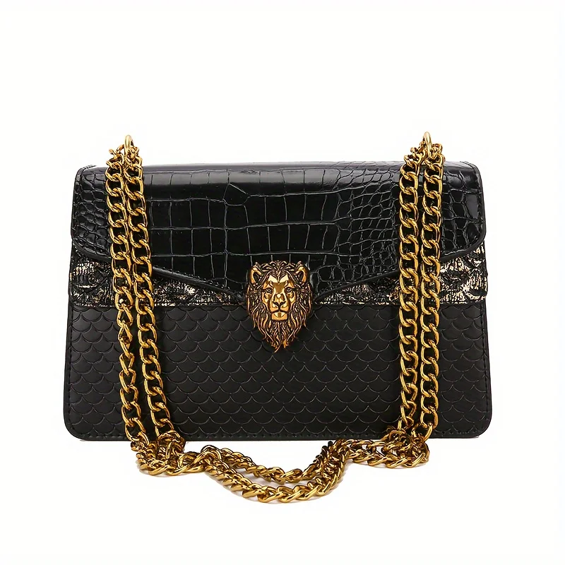 Classic Niche Design Mini Square Shoulder Bag Fully Equipped with Fashionable Clamshell Lion Button Decorated Chain Bag