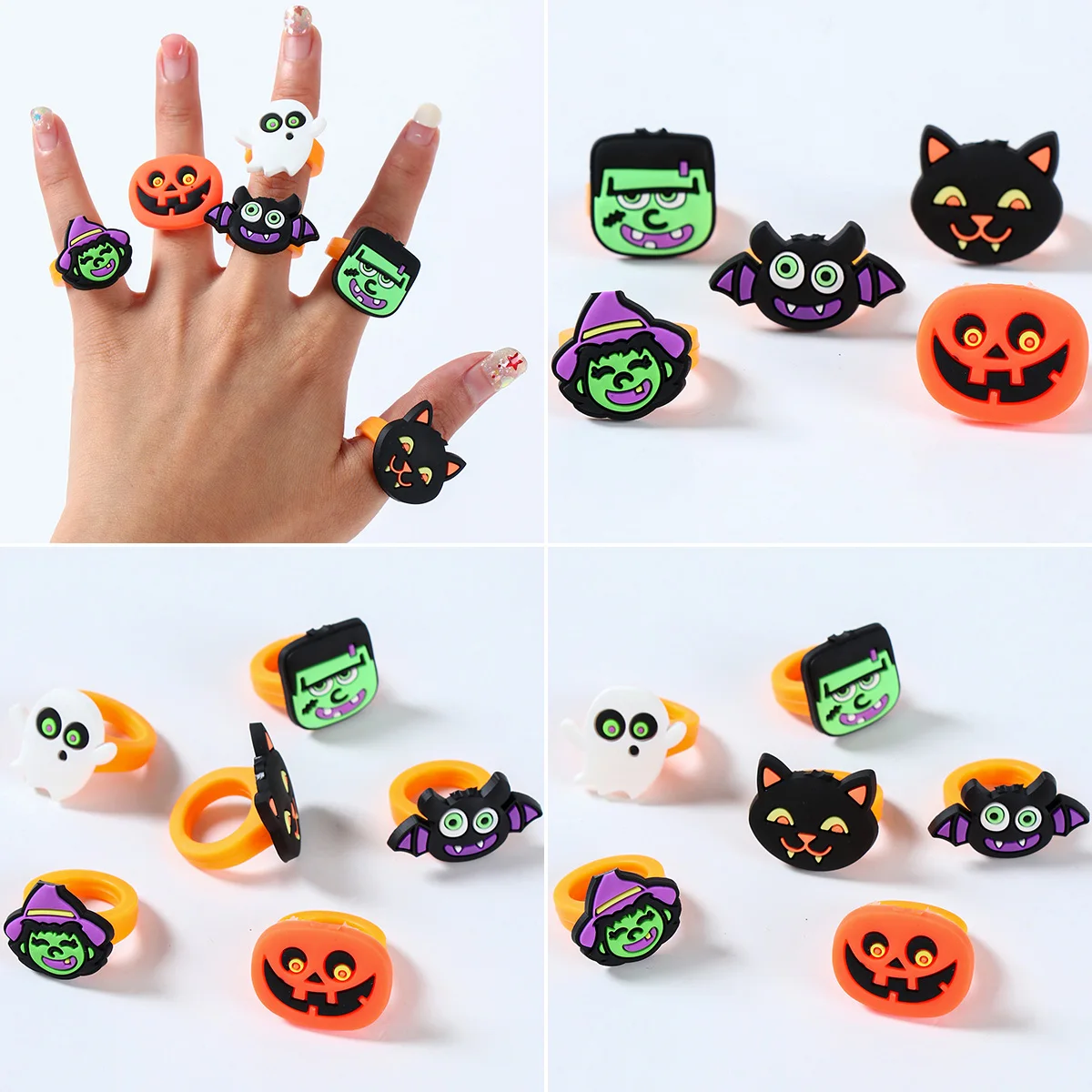 12pcs Halloween Bat Wizard Ghost PVC Rings Happy Halloween Party Decorations For Home 2024 Kids Favors Gifts Cat Pumpkin Rings