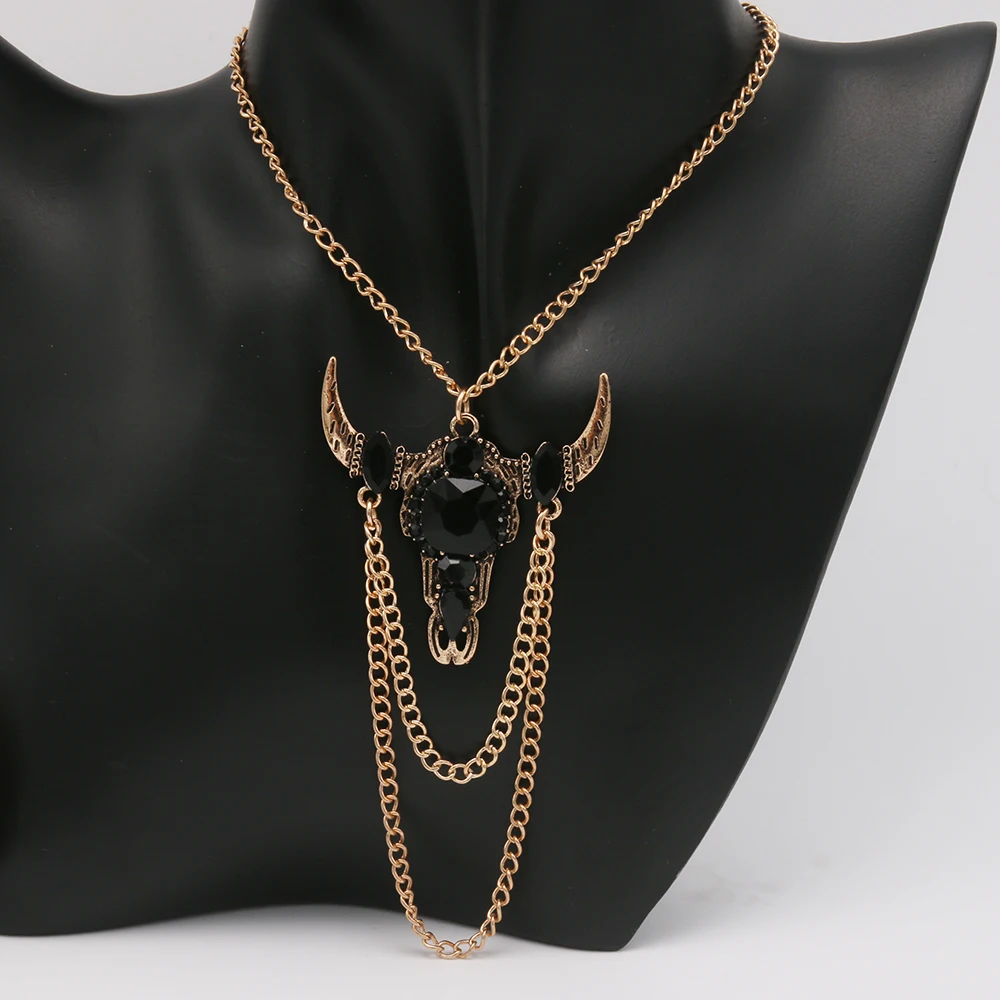Gothic Cowboy Bull Head Pendant Necklace for Women, Vintage Chain Tassel Y-Shaped Statement Choker, Retro Western Punk Jewelry f