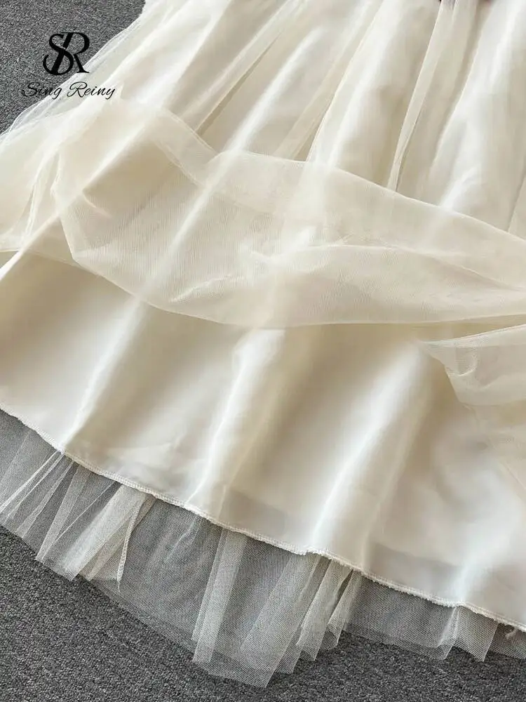 เดรสสายเดี่ยวลายปักสไตล์เรโทรสำหรับผู้หญิง ดีไซน์ผูกเชือกสไตล์ฝรั่งเศส ชุดเดรสยาวผ้าตาข่ายสำหรับงานปาร์ตี้ฤดูร้อน