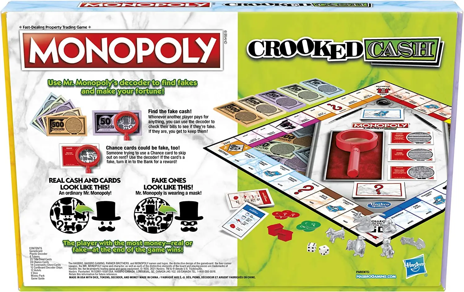 Hasbro MONOPOLY Crooked Cash Board Game for Families and Kids Ages 8 and Up, Includes Mr Decoder to Find Fakes F2674