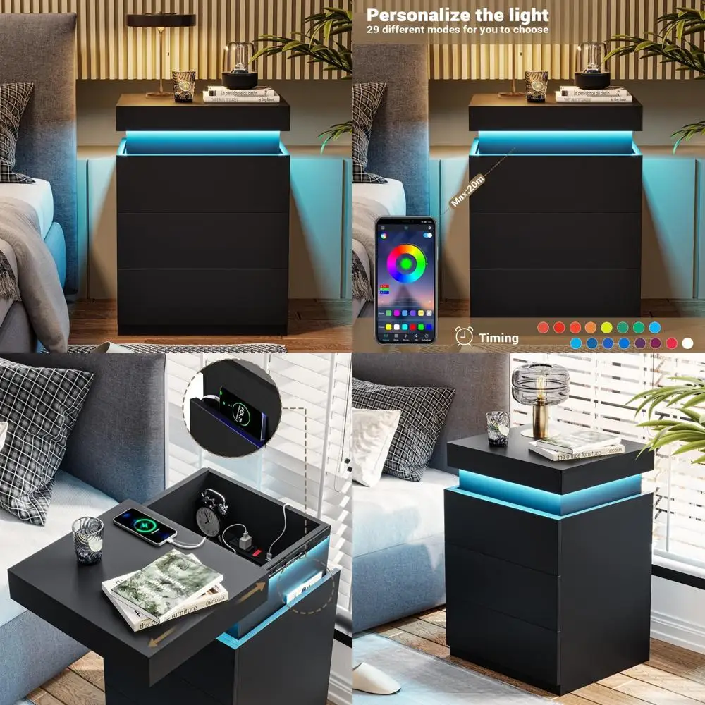 

Современная зарядная тумбочка со светодиодной подсветкой и выдвижной столешницей и ящиками для прикроватного хранения вещей