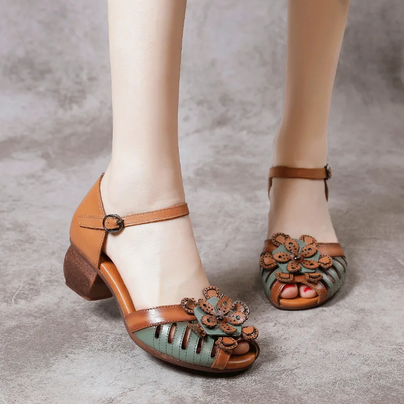 

Genuine Leather Women's Shoes Summer Handmade Retro Women Sandals Thick Heel Cowhide Hollow Fish Mouth Flower Female High Heels
