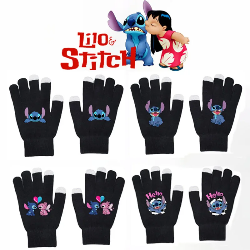 Disney Stitch Warm Cold Proof Gloves Autumn and Winter Warm Touch Screen Gloves Solid Color Printed Black Knitted Funny Gloves