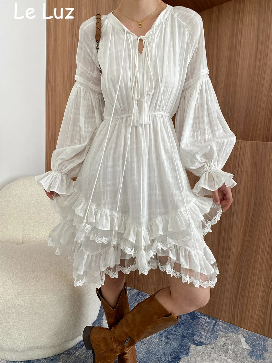 Estilo francês vintage mini vestido feminino branco primavera outono férias borlas gravata irregular manga longa em camadas casual senhoras vestido