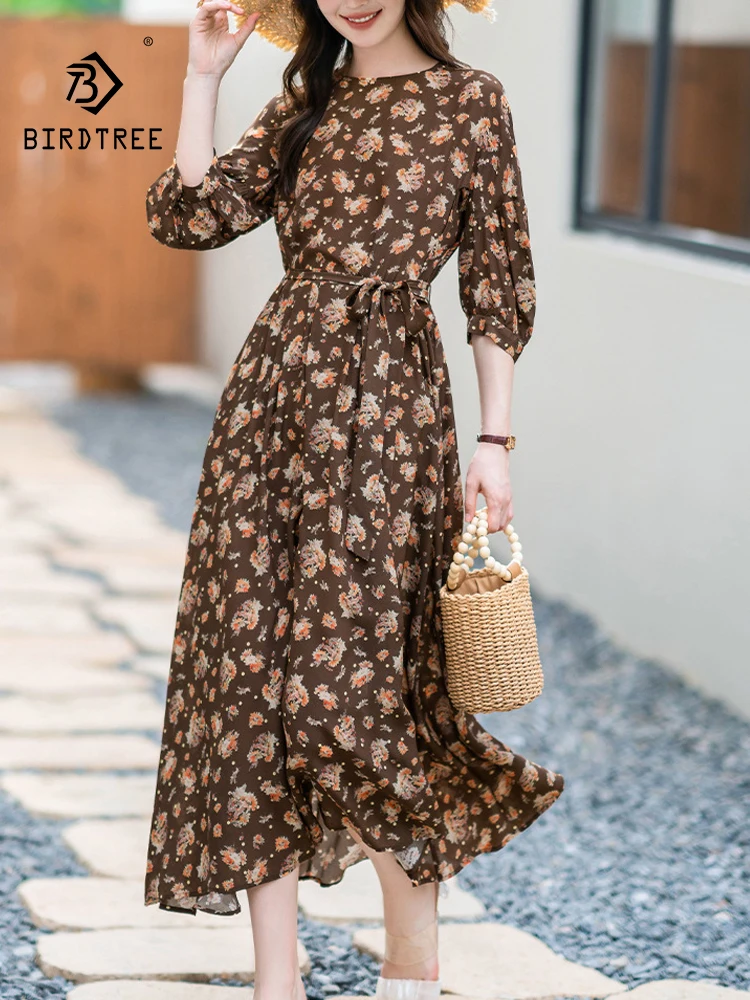 

BirdTree, 100%Real Silk Elegant Dress, Women High Waisted Printed, Vacation French Commute Dresses, 2024 Summer Autumn D46689QC