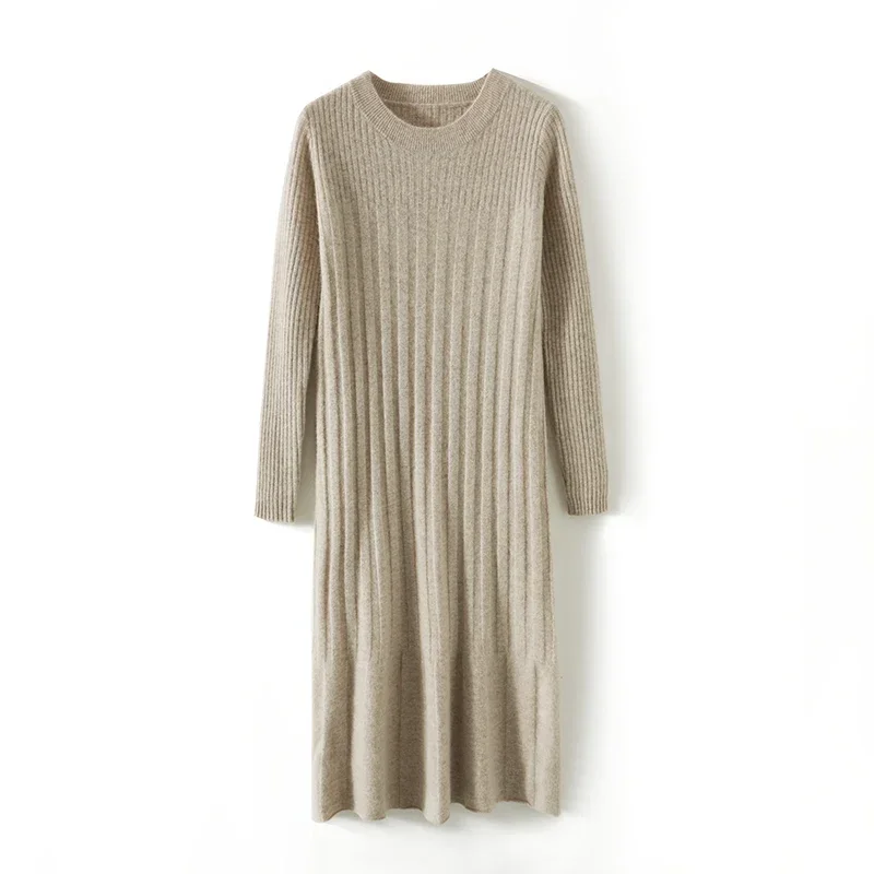 

O-neck Women Loose Strip Dresses Longer 100% Wool Knitted Jumpers 2023 New Fashion Winter Female Mid-calf Soft Cashmere Pullover