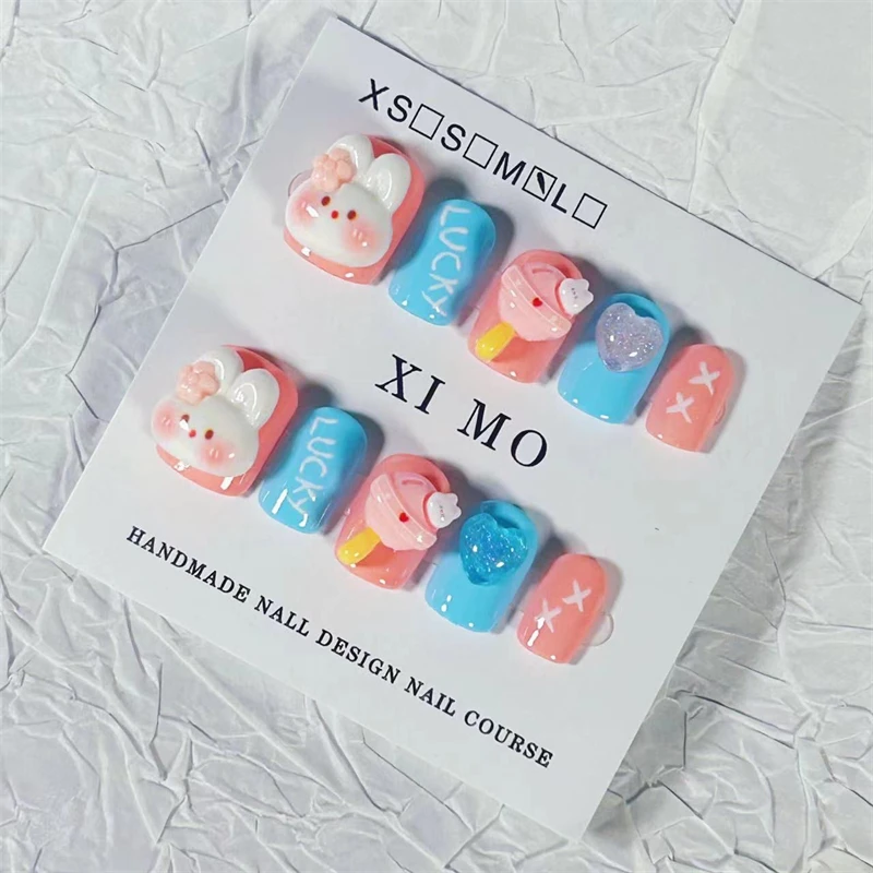 10Pcs Handmade Pink Press On Nails with Fat Rabbit Fake Nail Full Cover 3D Artificial Manicure Blue False Wearable Nail Tips Art