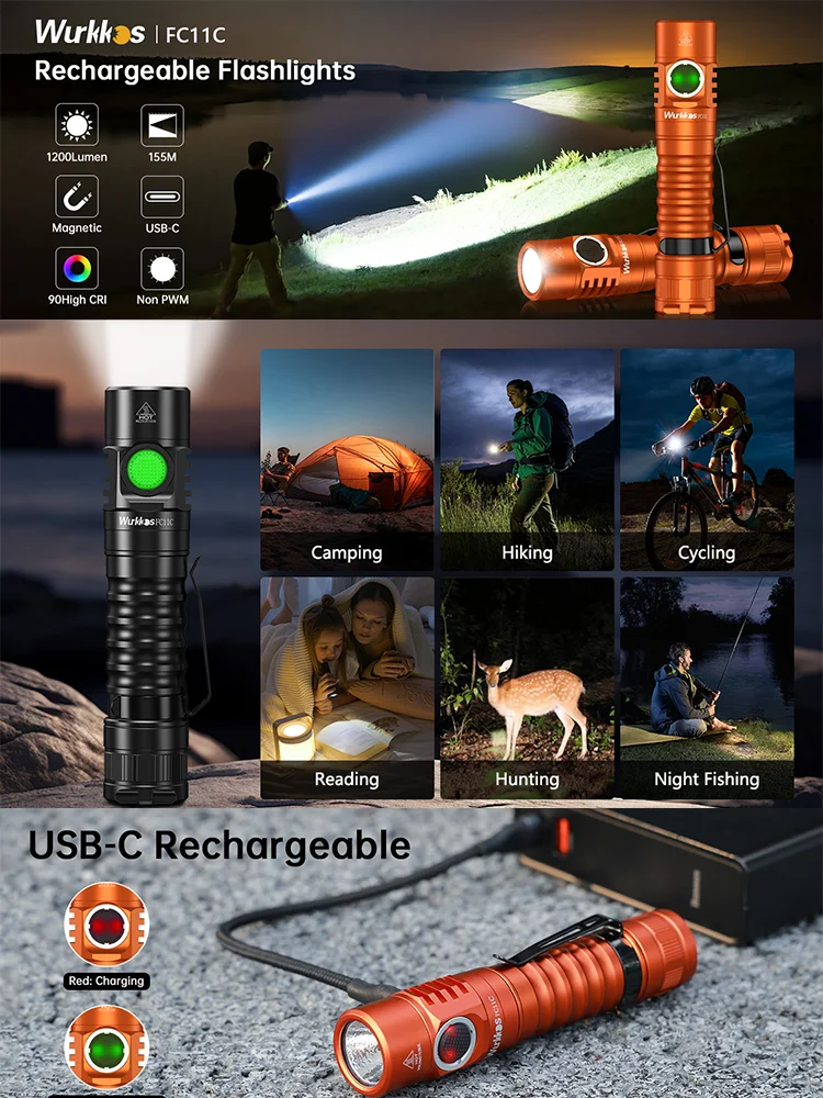 Wurkkos FC11C Mini Latarka EDC 1300LM IP68 z Akumulatorem 18650 i Magnetycznym Ogonkiem do Kempingu, Wędkarstwa i Wędrówek — 2