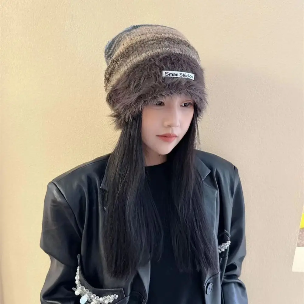

Ladies Sweet Blend Striped Hat Fresh and Cute Soft Plush Hats Winter Warm Padded Knitted Cap Ear Protector Fisherman's Pot Hat